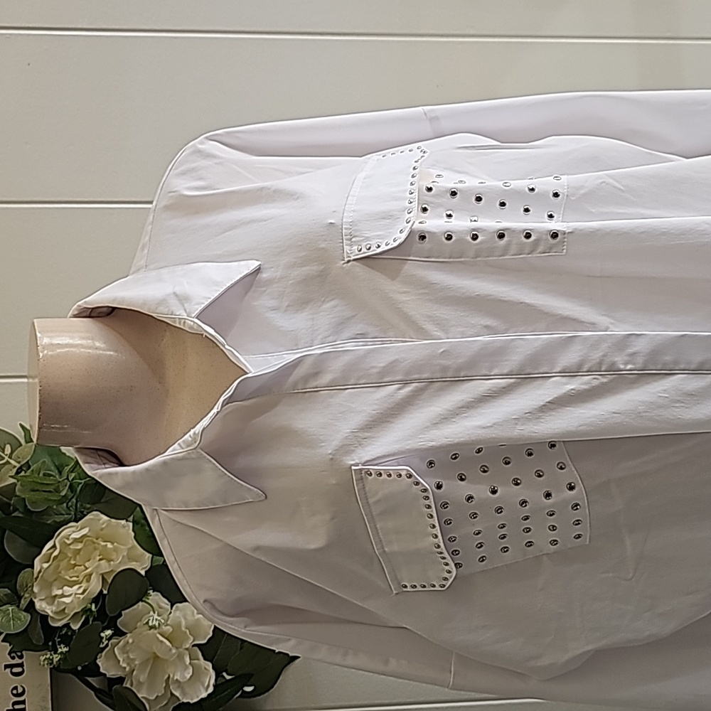 NY Collection Women's White Plus Size Collared Longsleeve Shirt 2X